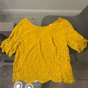 Japna Mustard Eyelet Short Sleeve Blouse